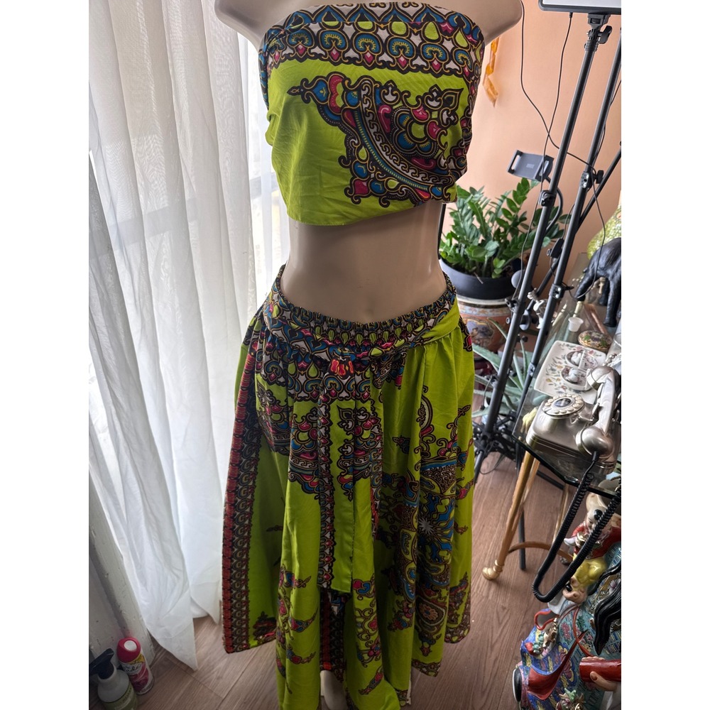 Laddi Lime Green Dashiki Print 2 Piece Set Tube Top and Maxi Skirt OSFA